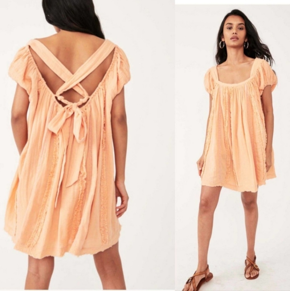 Free People X Revolve Angele Gauze Cotton Mini Dress Tunic Peach Lace Medium